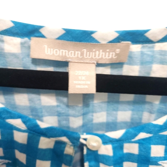 Woman Within Blue White Gingham Tunic Embroidered Floral Plus 1X 22/24 Cottage - Picture 2 of 5